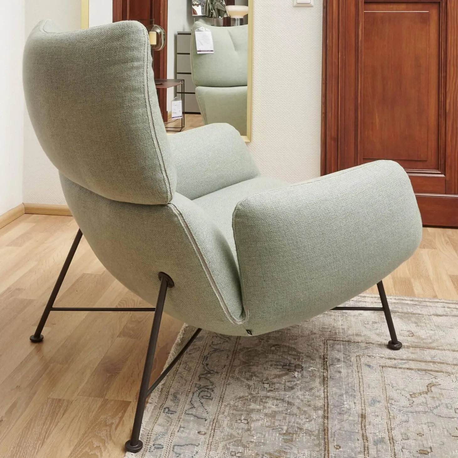 Sessel Jalis Lounge Stoff 8305 Mintgrün Grün Grau Drahtgestell F01 Schwarzbraun Inklusive Hocker