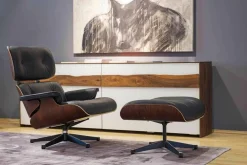 Sessel Lounge Chair Leder Premium Schwarz Santos Palisander mit Ottoman Gestell poliert Seiten schwarz neue Maße (Neu+OVP)