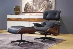 Sessel Lounge Chair Leder Premium Schwarz Santos Palisander mit Ottoman Gestell poliert Seiten schwarz neue Maße (Neu+OVP)