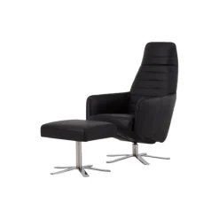 Sessel Max Leder L7360B Schwarz Fußkreuz Edelstahl Poliert Inklusive Hocker