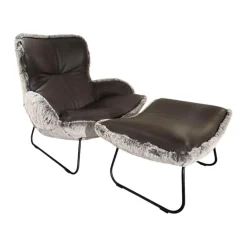 Sessel Minu Sitzfläche Leder Elegance Anthrazit Rücken Webpelzbezug Eisbär Grey Grau Füße Schwarz Pulverbeschichtet Mit Hocker