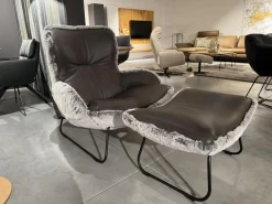 Sessel Minu Sitzfläche Leder Elegance Anthrazit Rücken Webpelzbezug Eisbär Grey Grau Füße Schwarz Pulverbeschichtet Mit Hocker