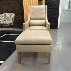 Sessel Mit Hocker Credo Bezug Leder Grain L7067C Beige Creme Holzfüße
