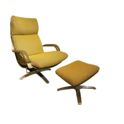 Sessel Mit Hocker Nasa Stoff Grün Gemustert Arm Und Rückenlehne Dunkelgraues Leder