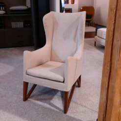 Sessel Mobius High Bezug Stoff Beige Gestell Eiche Dunkel