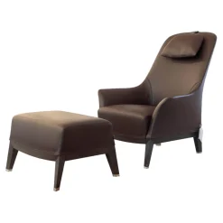 Sessel Normal Leder 2212 Dunkelbraun Gestell Buche Matt Gebeizt Inklusive Hocker Und Kopfkissen