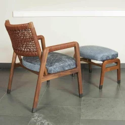 Sessel Ortiga Stoff Timo Blau Gestell Canaletto Nussbaum Leder Kordel Tabak mit Hocker