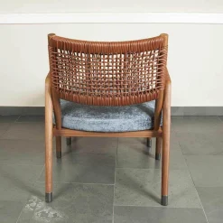 Sessel Ortiga Stoff Timo Blau Gestell Canaletto Nussbaum Leder Kordel Tabak mit Hocker