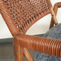 Sessel Ortiga Stoff Timo Blau Gestell Canaletto Nussbaum Leder Kordel Tabak mit Hocker