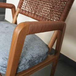 Sessel Ortiga Stoff Timo Blau Gestell Canaletto Nussbaum Leder Kordel Tabak mit Hocker