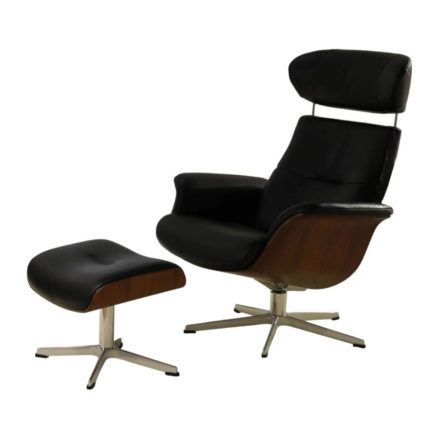 Sessel Time Out 6003 Leder 2514 89 Fantasy Black Schwarz Sitzschale Walnuss Fuß Aluminium Mit Hocker