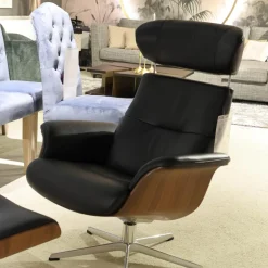 Sessel Time Out 6003 Leder 2514 89 Fantasy Black Schwarz Sitzschale Walnuss Fuß Aluminium Mit Hocker