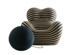 Sessel UP 50 Stoff Jersey Soara Gestreift Beige Petrolblau Metallbasis Unterseite Kernleder Mit Hocker