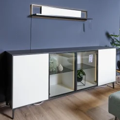 Sideboard 2107 Mattlack Quarzgrau Und Schieferschwarz Vitrineneinsatz Polarweiß Weiß Designfuß Schiefer Grau Mit Beleuchtung