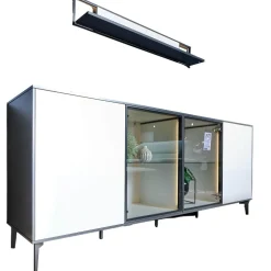 Sideboard 2107 Mattlack Quarzgrau Und Schieferschwarz Vitrineneinsatz Polarweiß Weiß Designfuß Schiefer Grau Mit Beleuchtung