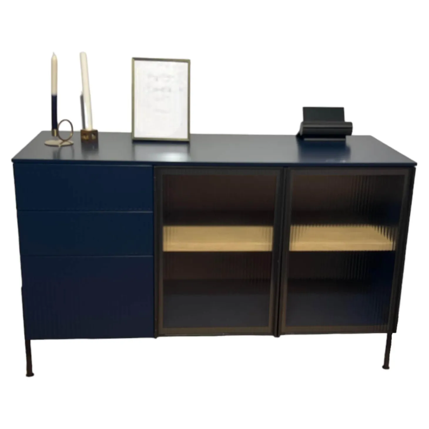 Sideboard Belt 1350 353 Blu Notte Matt Dunkellau Glas Gerippt Füße Brüniert Oxidiert Inklusive Beleuchtung