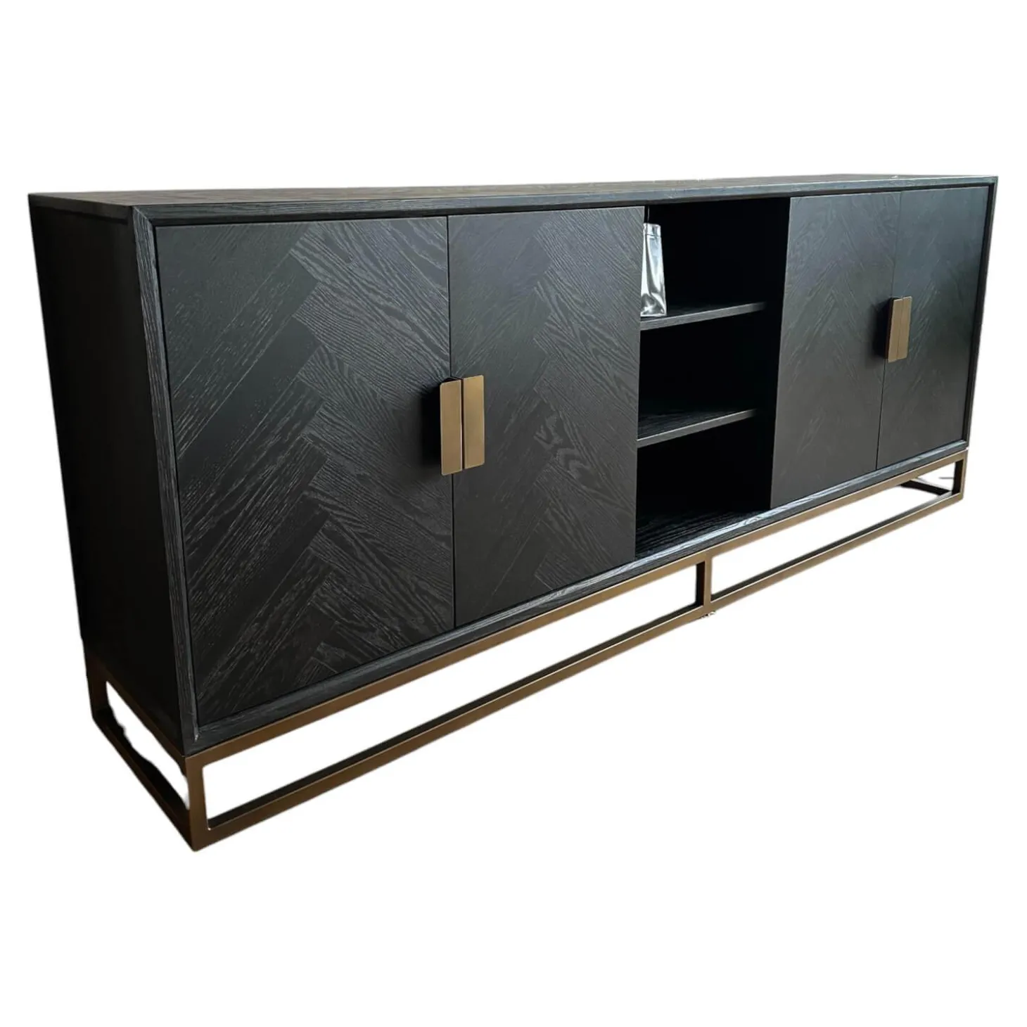 Sideboard Blackbone Korpus Eichenfurnier Schwarz Rustikal Gestell Und Griffe Messing