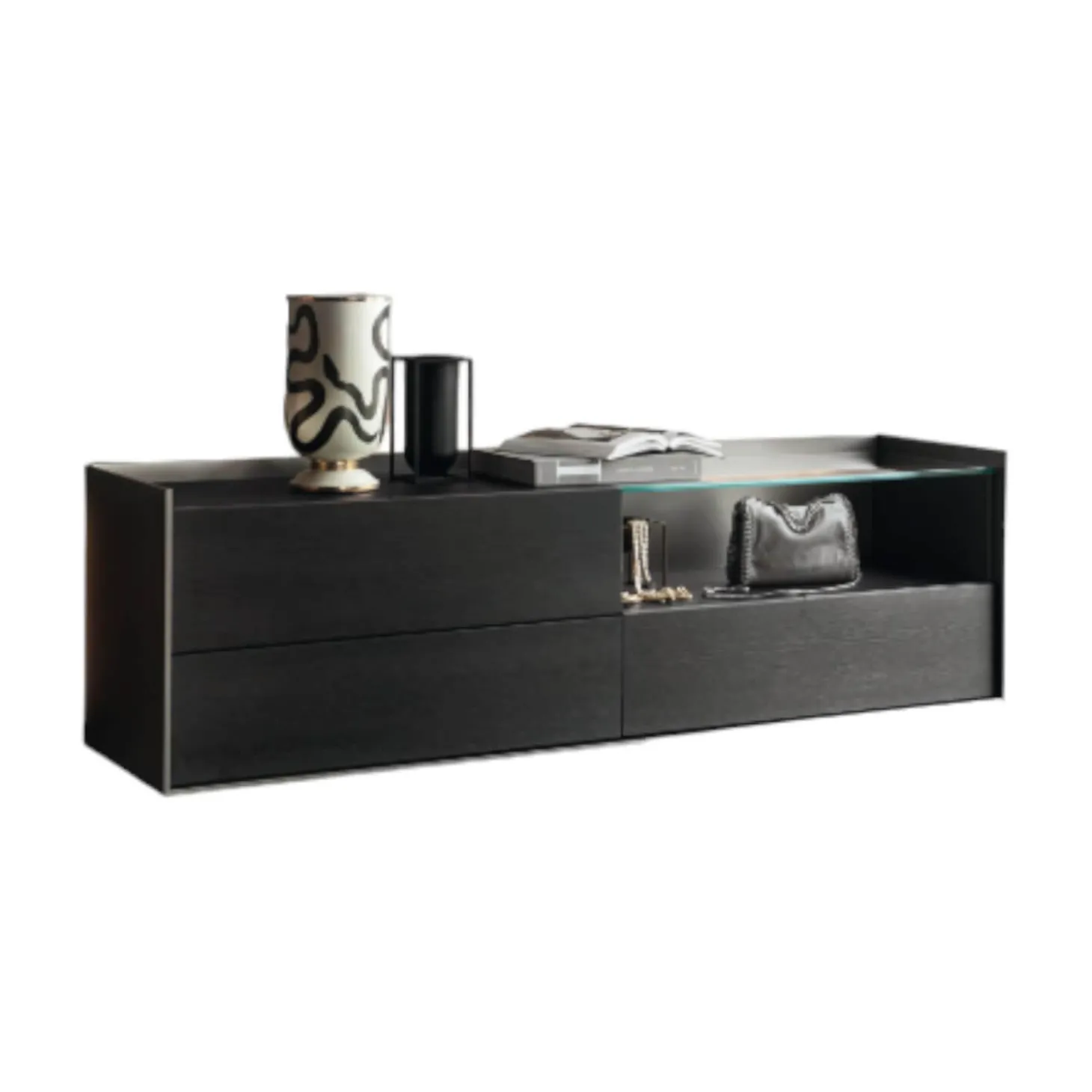 Sideboard Cabaret Mattlack Nero Schwarz Abdeckplatte Keramik Nero Greco Lucidato Ohne Beleuchtung