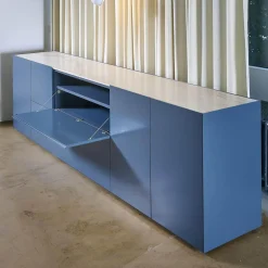 Sideboard Cube Light Lack Atlantik mit Abdeckplatte Quarzit Taj Mahal und Hintergrundbeleuchtung