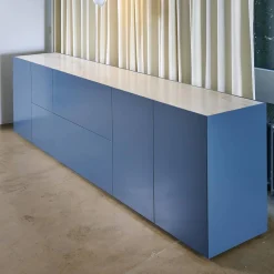 Sideboard Cube Light Lack Atlantik mit Abdeckplatte Quarzit Taj Mahal und Hintergrundbeleuchtung