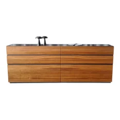 Sideboard Cube Nussbaum Canela Geölt Lederauflage Dunkelbraun Sockel Grau