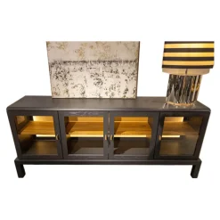 Sideboard Hampton Eiche Anthrazit Gebeizt Türen Klarglas 3 Einlegeböden Griff Leder braunEiche Natur