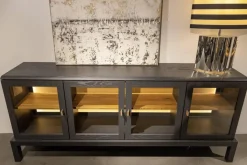 Sideboard Hampton Eiche Anthrazit Gebeizt Türen Klarglas 3 Einlegeböden Griff Leder braunEiche Natur
