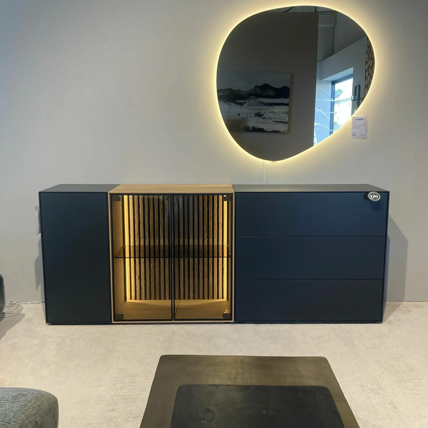 Sideboard Hilke Massives Birkenholz Anthrazit mit Applikationen aus Kerneiche Natur