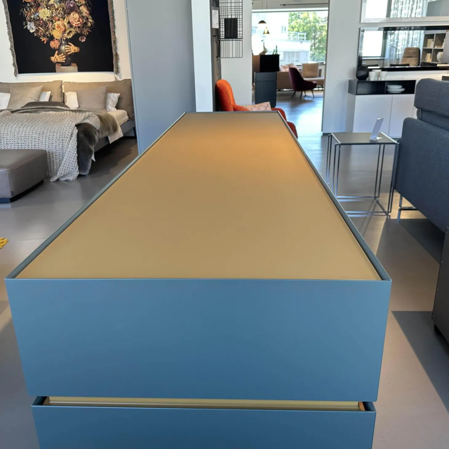 Sideboard Just Cube Bold Lack Bahia M81 Grün Blau Abdeckplatte Mattglas Opti Masala T40 Gelb Braun