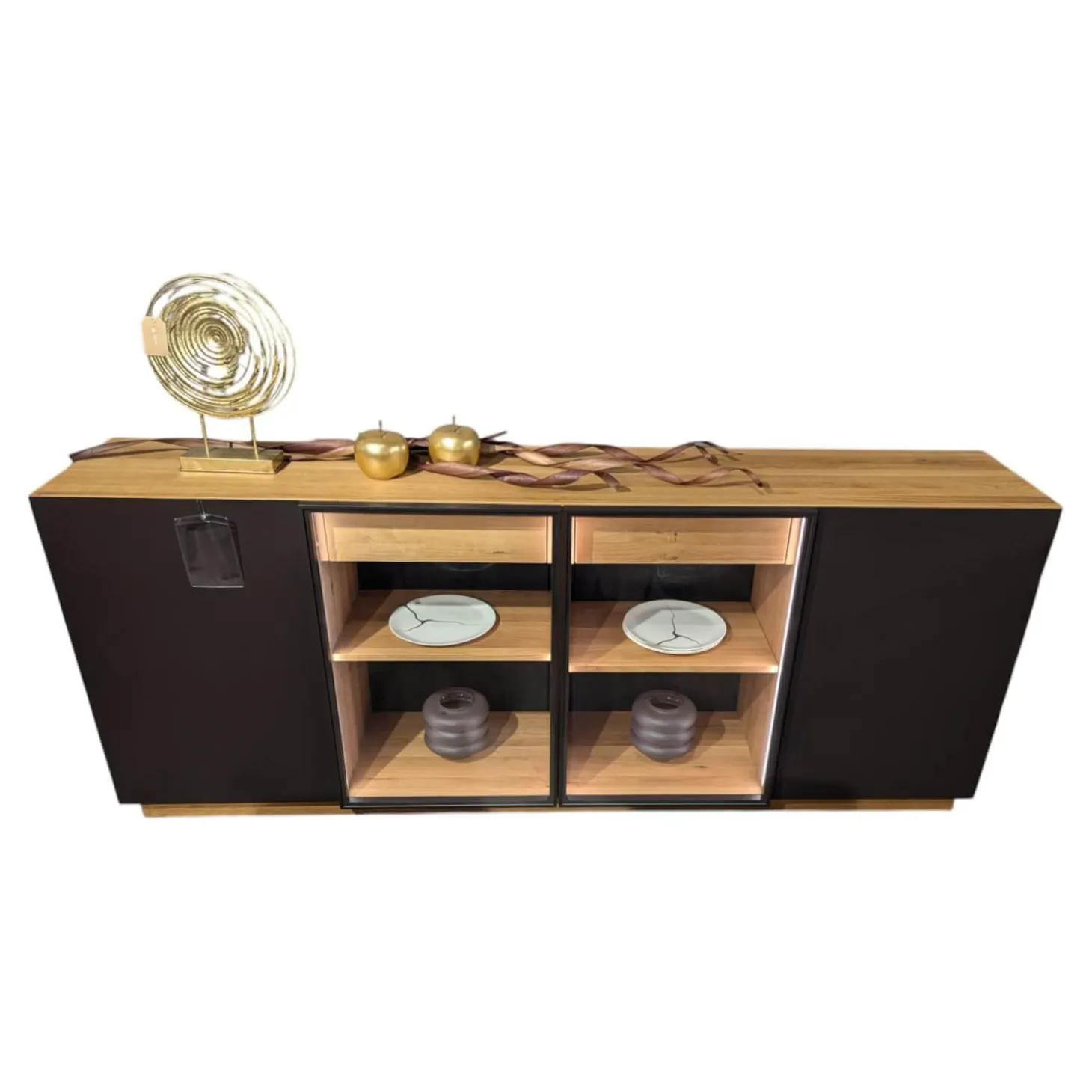 Sideboard Linja 152250 Rustikale Asteiche Hartwachsöl Und Metall RAL Grau Braun Mit LED Beleuchtung Ohne Dekoration