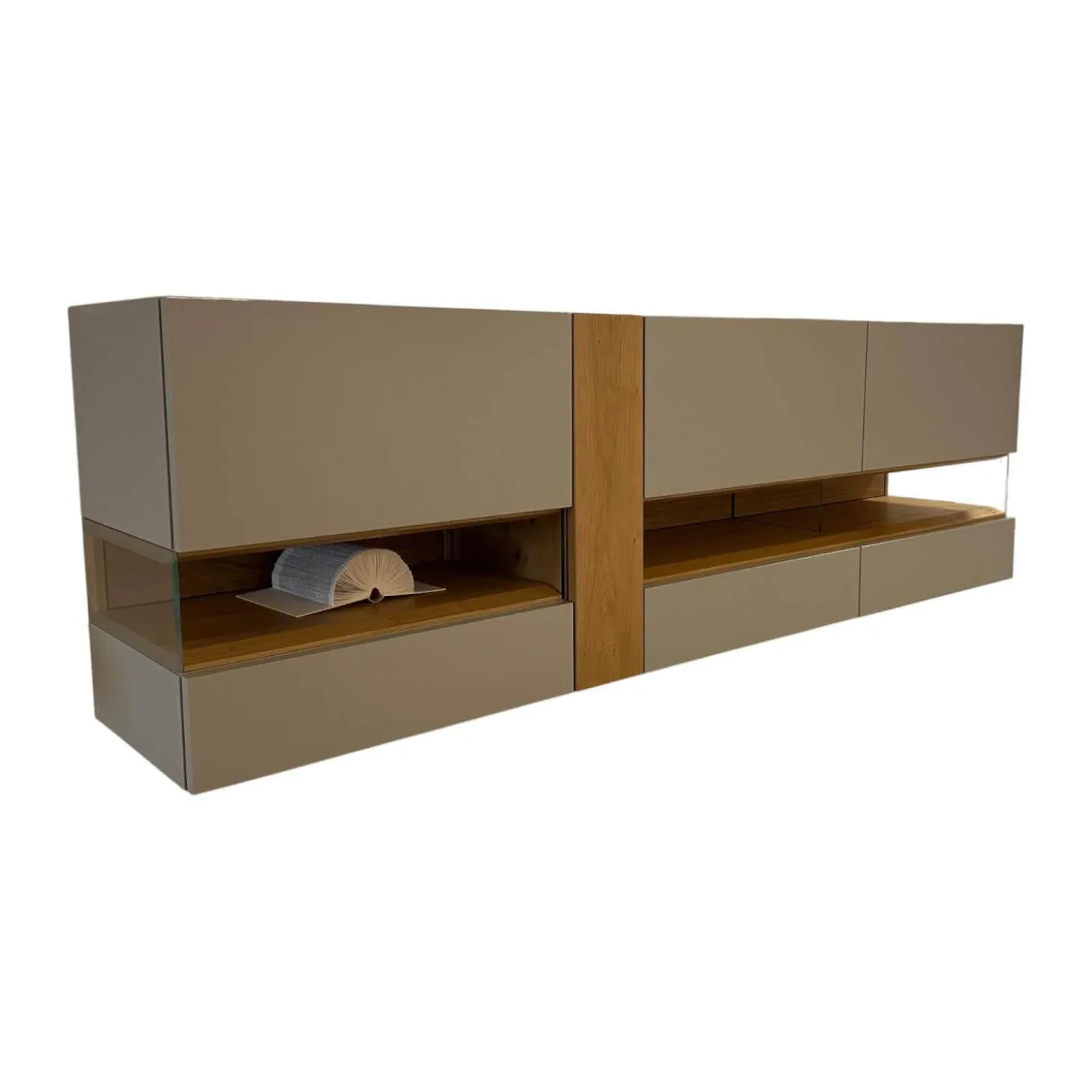 Sideboard Neo Lack Seidengrau Akzent Natureiche Mit Offenem Glasfach