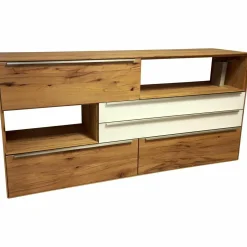 Sideboard Ramos in Astbuche Massiv Naturbelassen Geölt Frontakzente Glas Weiß mit Beleuchtung