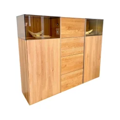 Sideboard Saluto Asteiche Bianco Geölt Glaselemente Braunglas Inklusive LED Beleuchtung