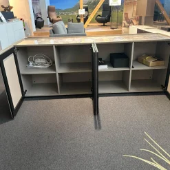 Sideboard Side Korpus Smart Lack Pepple Grau Front Glas Pepple Grau Deckplatte Glas Marmor Travertin Beige Glänzend