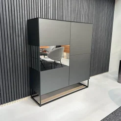 Sideboard Soma Korpus Lack Schwarz Matt Gittergestell Metall Schwarz Abdeckplatte Grau Spiegel Matt