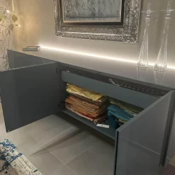 Sideboard Soma Lack Stahlblau Blau Hochglanz Gestell Dunkel Bronze Braun Inklusive Beleuchtung