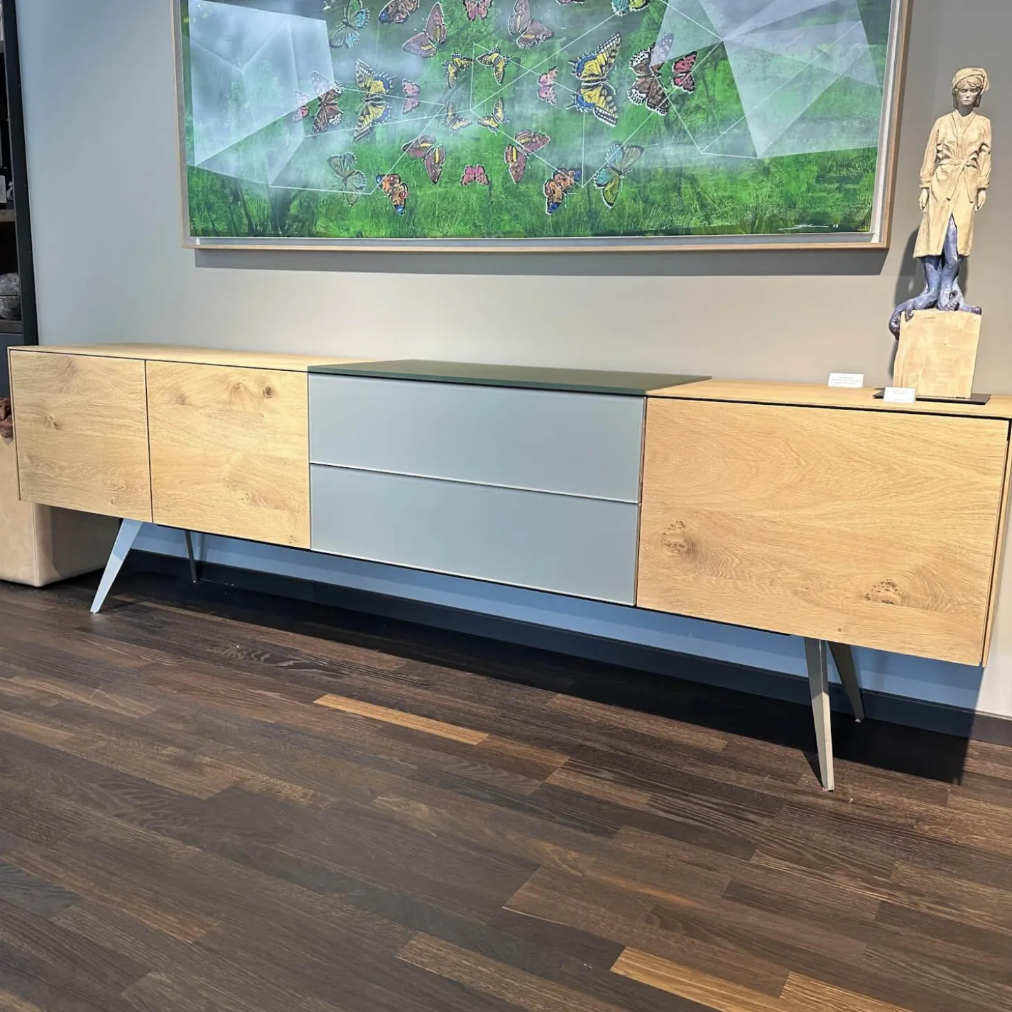 Sideboard Talio Knorrige Eiche Puro Geölt Floatglas 137 Platin Grau Matt