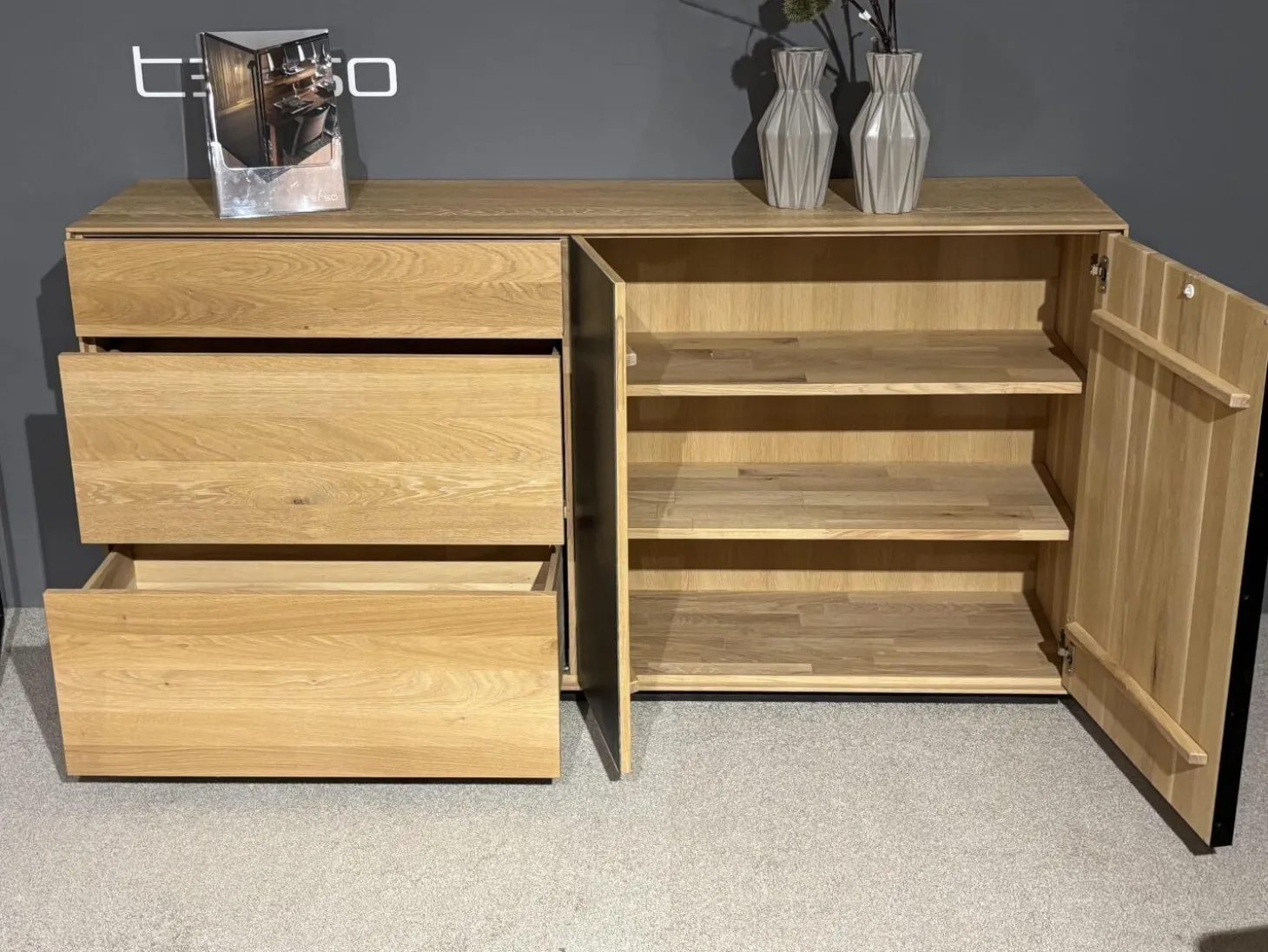 Sideboard Terso Rustikal Asteiche Bianco Massiv Geölt Absetzung Keramik Grey Grau