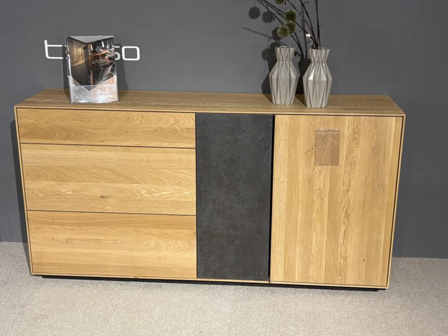 Sideboard Terso Rustikal Asteiche Bianco Massiv Geölt Absetzung Keramik Grey Grau