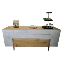Sideboard Vtektura TESH19H Echtholzfurnier Wildeiche Rustiko Schwarz Front Glas Firneis White Weiß Abdeckplatte Echtholzfurnier Inklusive Beleuchtung