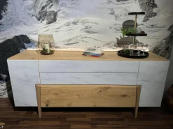 Sideboard Vtektura TESH19H Echtholzfurnier Wildeiche Rustiko Schwarz Front Glas Firneis White Weiß Abdeckplatte Echtholzfurnier Inklusive Beleuchtung