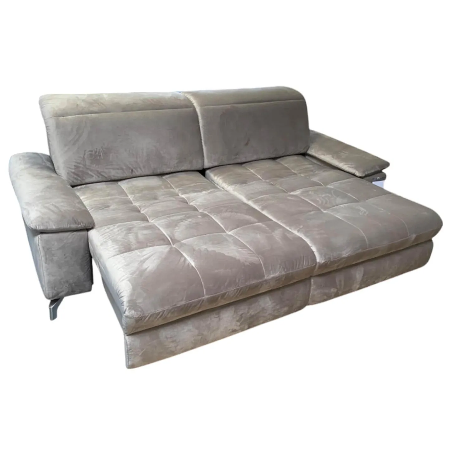 Sofa Abano Stoff Riviera Sand Beige Eckfüße Metall Nickel Satiniert Mit Elektrischer Day Bed Funktion