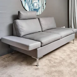 Sofa Alba System M Leder 5707 Pearl 0095 Grau Winkelfuß Verchromt Mit Kopfstütze