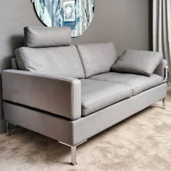 Sofa Alba System M Leder 5707 Pearl 0095 Grau Winkelfuß Verchromt Mit Kopfstütze
