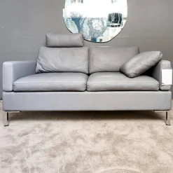 Sofa Alba System M Leder 5707 Pearl 0095 Grau Winkelfuß Verchromt Mit Kopfstütze