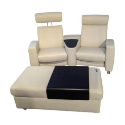 Sofa Arion Leder Paloma Light Grey Grau Stahlfuß 001 Edelstahl Poliert Holzteile Wenge Kopfstütze Höhenverstellbar Inklusive Hocker Mit Tischablage