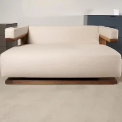 Sofa F51 2 Stoff Doma Beige Grau Gestell Nussbaum Massiv