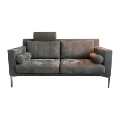 Sofa Jason 390 25 FLFR Leder Velvet 1481 Poppy Seed Grau Gestell Hochglanz Verchromt Mit Nackenrollen
