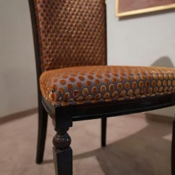 Stuhl Modell Gabriella 223 Stoff Bezug Toul 33 118 Goldgelb Braun Nussbaum Dunkel Hochglanz Sichtholzgestell Gebeizt und Lackiert