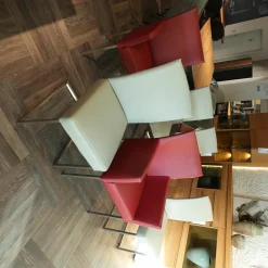 Stuhlgruppe Nova Stuhlwerk Leder Tendens Paprika Rot Und Kiesel Grau Gestell Edelstahl Quadratisch